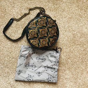 New Isabella Fiore Black Leather Canteen Crossbody w/Copper and Brass Accents